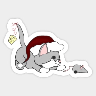 Christmas Products - Kitten playing with a toy mouse Sticker